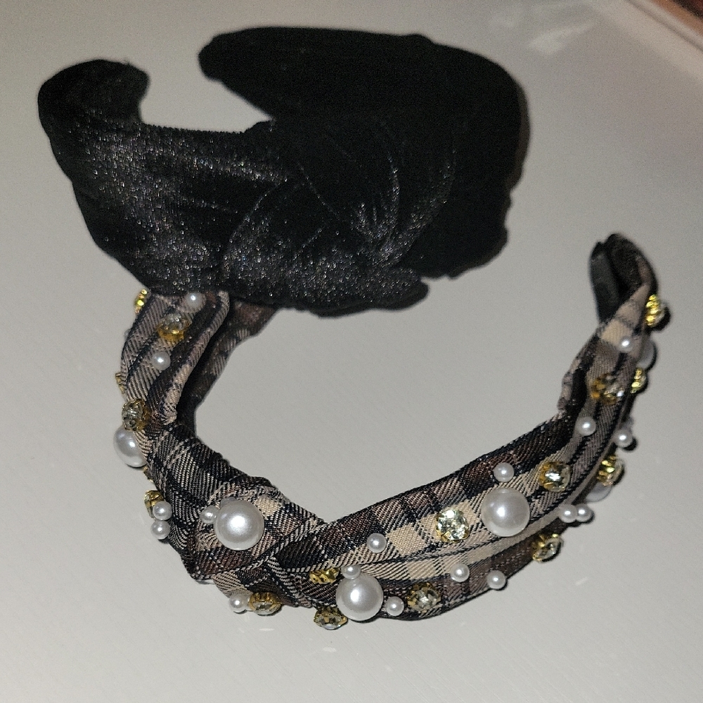 NWOT Elegant Velvet and Plaid Hair Accessory with Crystal Accents